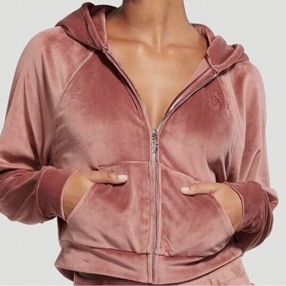 Victoria's Secret Sweaters - Victoria's Secret Dusty Pink Velvet Jacket full zip Rhinestone track jacket